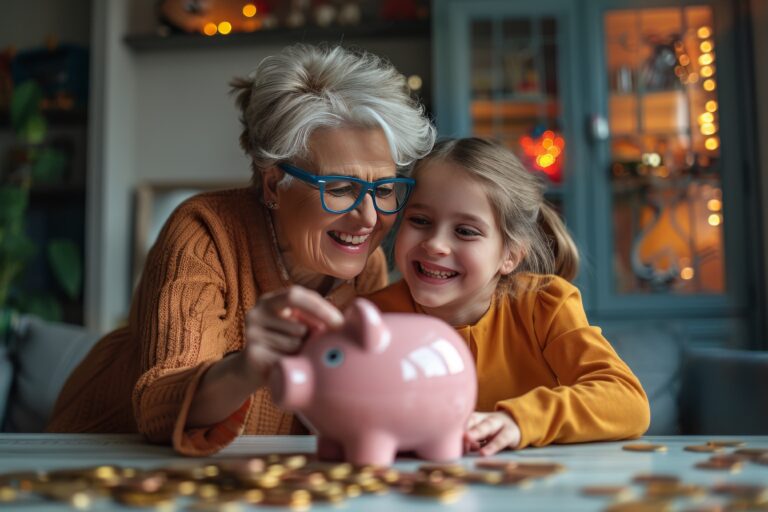 Grandma saving money with granddaughter